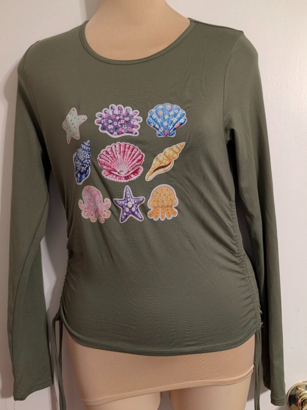Ambience Olive Green Long Sleeve Shirt w/Seashells/Ocean Vibes